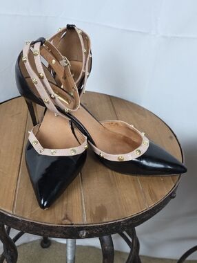 Halogen Black Patent Pointed Toe Heels with Nude Studded Straps